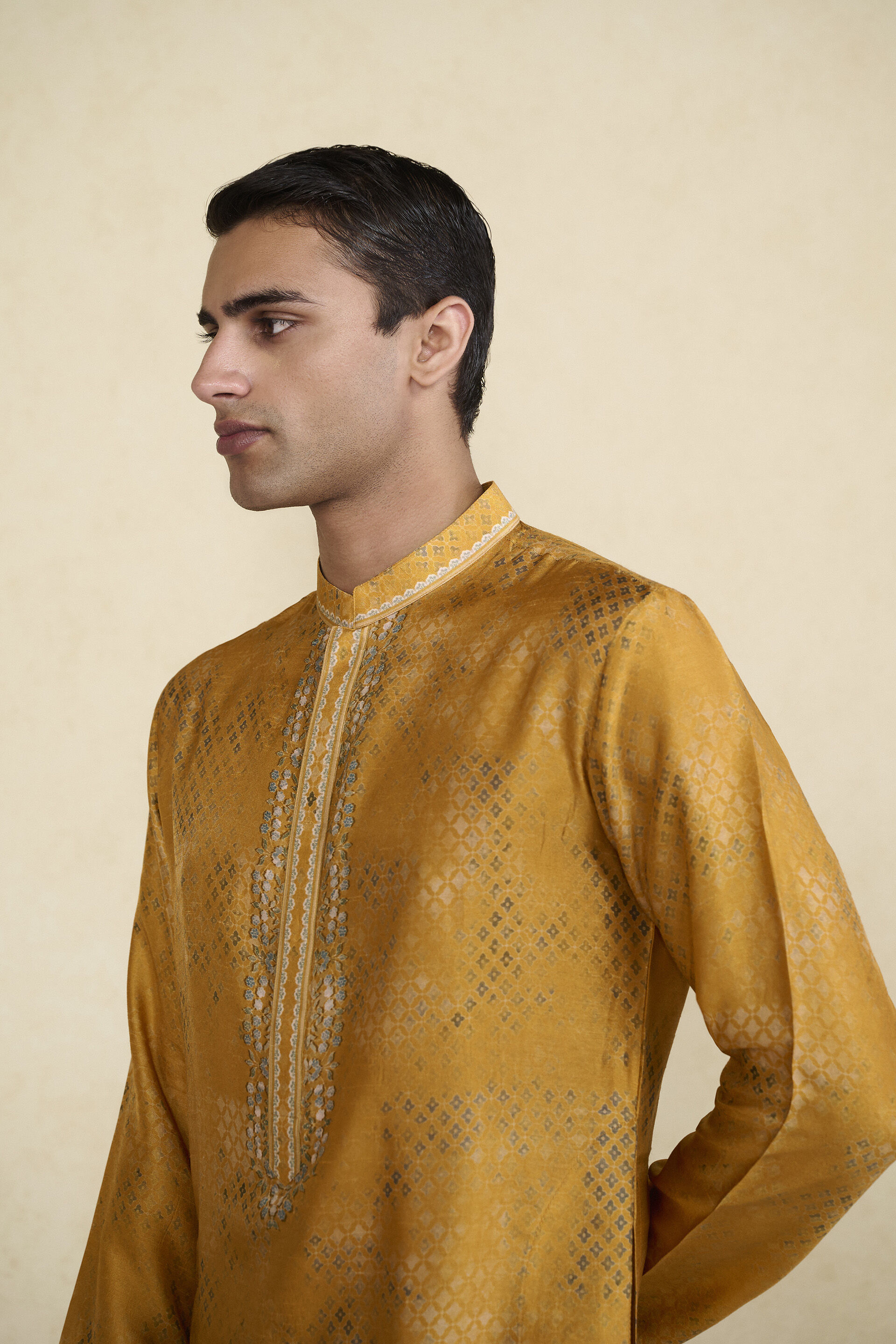 Zarghun Printed Silk Kurta - Mustard, Mustard, image 4